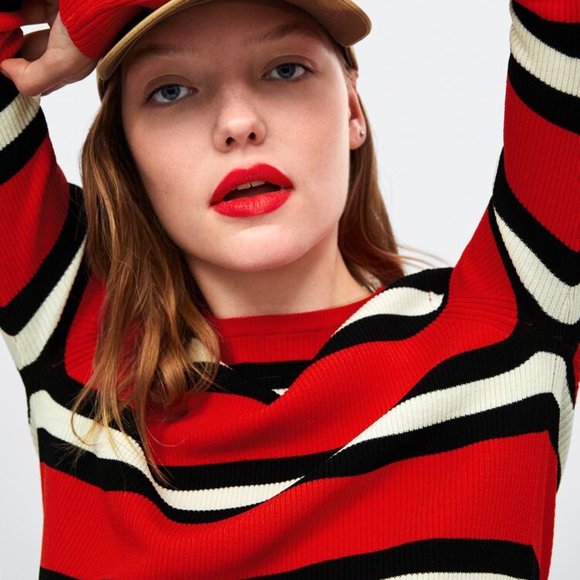 New Zara Red & Black Striped Knit Long Sleeve - Picture 7 of 12